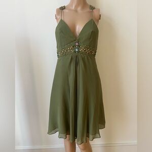 Lapis Olive Green Beaded Waist Spaghetti Strap Mini Dress